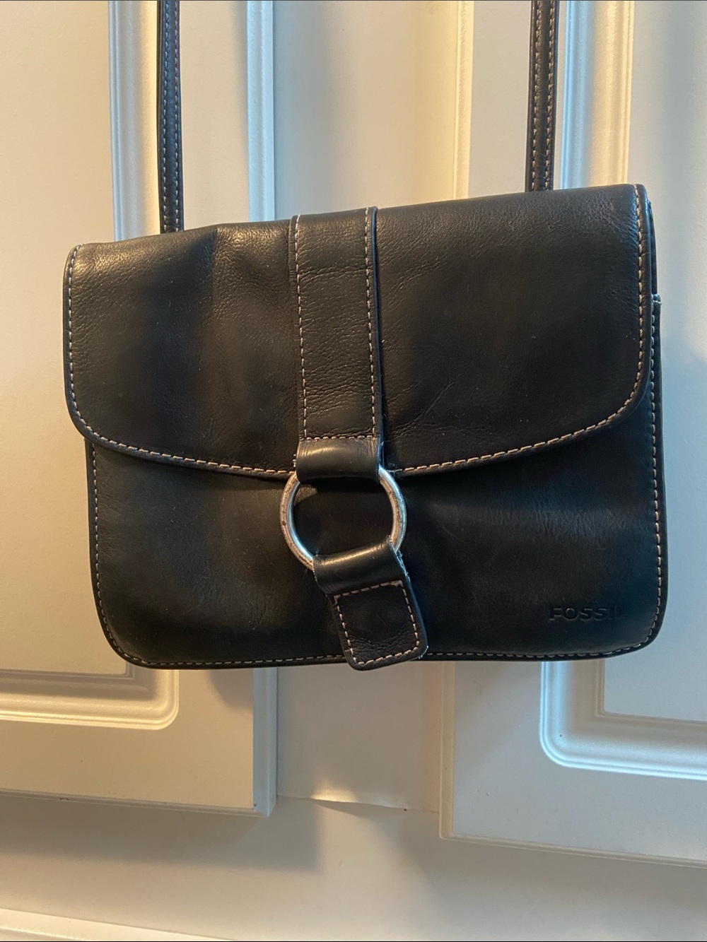Fossil Black Leather Crossbody with Silver Ring Accent
